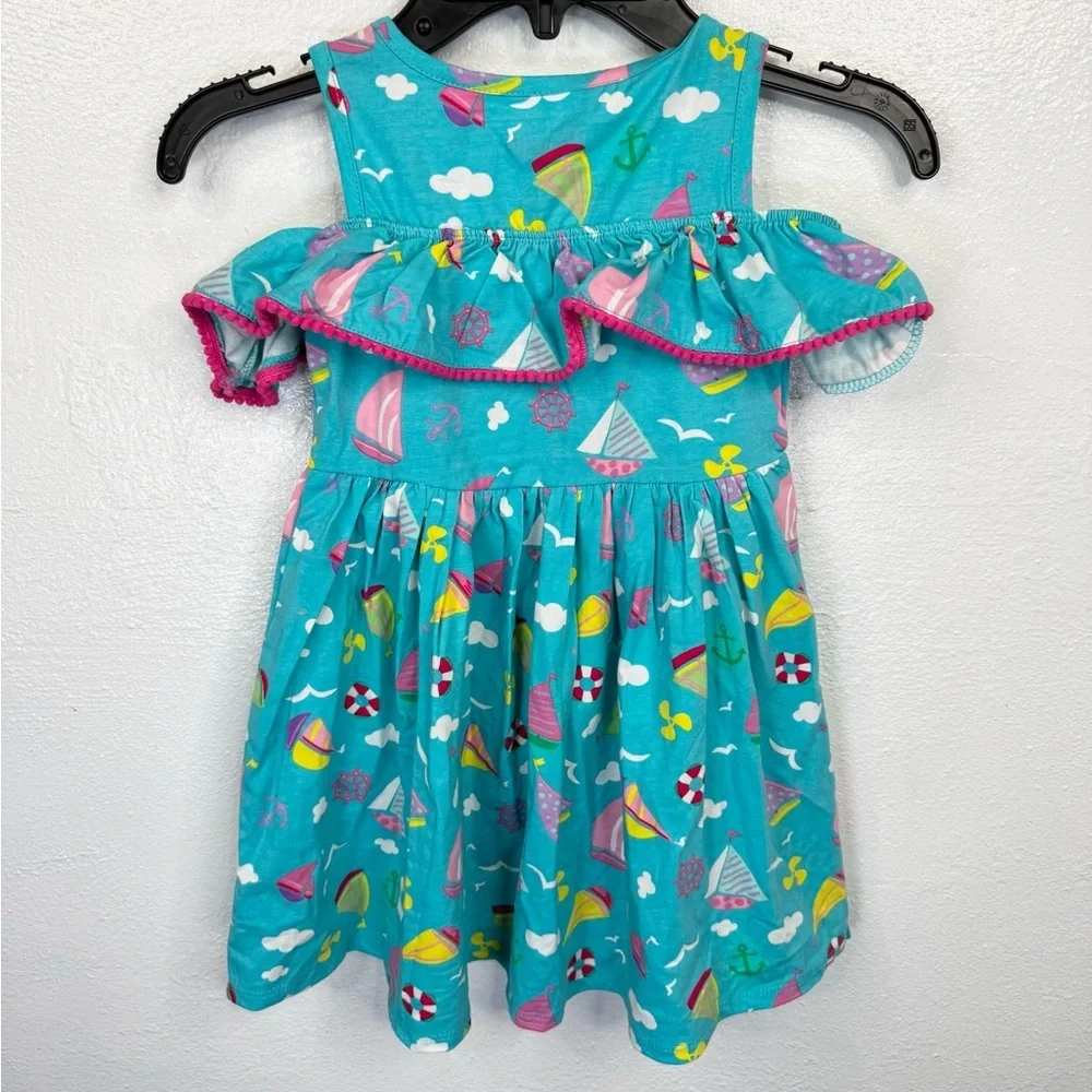 Nannette Kids Dress Girls Size 5 Blue Pink Sailboat Cold Shoulder Ruffle